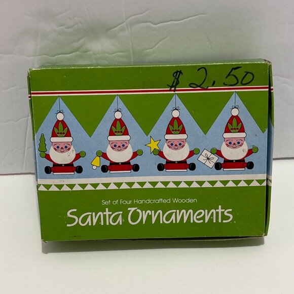 Vintage Christmas Ornament Set Wood Handcrafted 1983 Santa 4 Piece Box Tree 2.5" - Picture 11 of 16